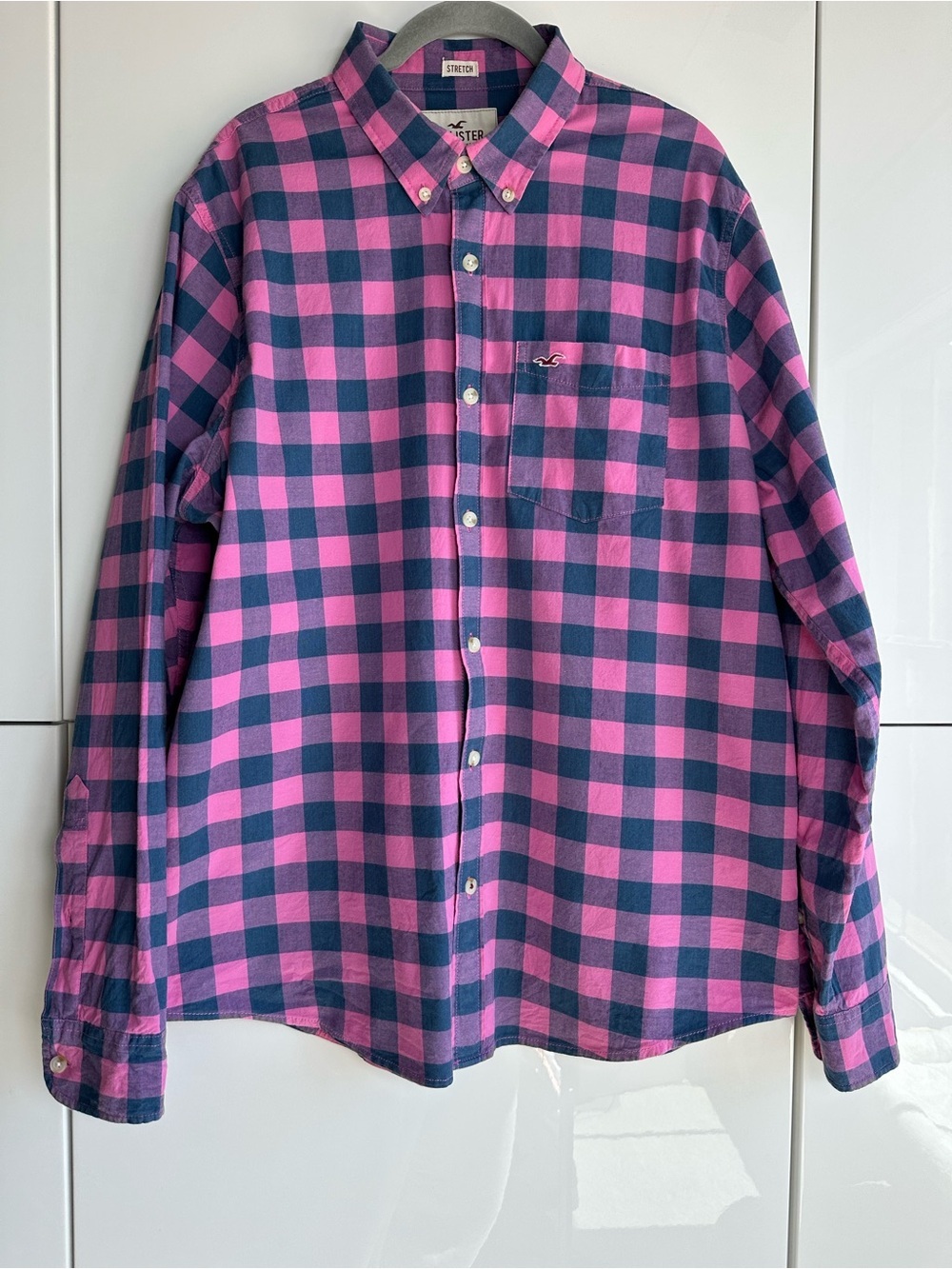 Hollister Men’s Pink Blue Button Front Shirt XXL Plaid Preppy Y2K